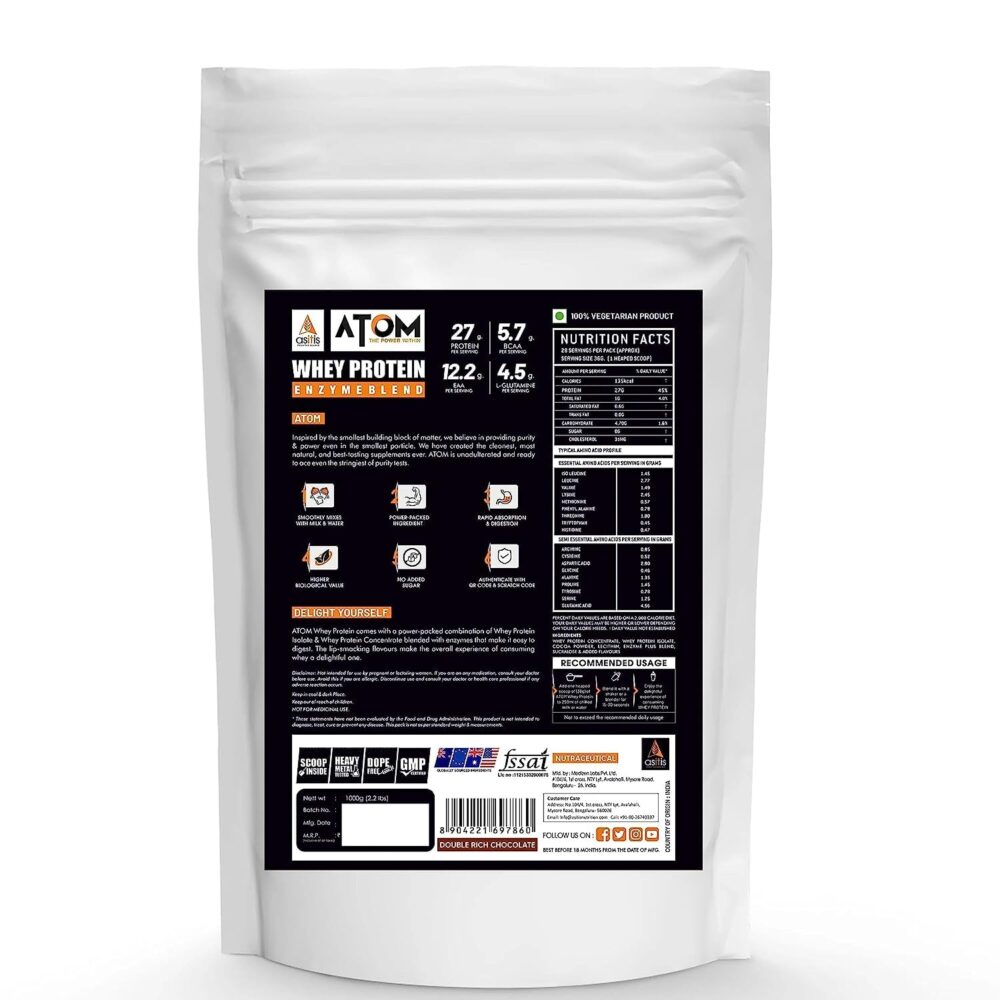 AS-IT-IS ATOM Raw Whey Protein 1kg with Enzymes | 28.5g Protein | USA Labdoor certified | 6.4g BCAA